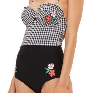 NWT Floral Applique Gingham One-Piece Swimsuit